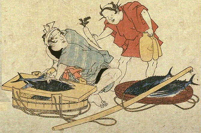 Une estampe d'un inconnu. Marchand ambulant dcoupant un thon. Le client porte des pots de sak et un radis japonais.