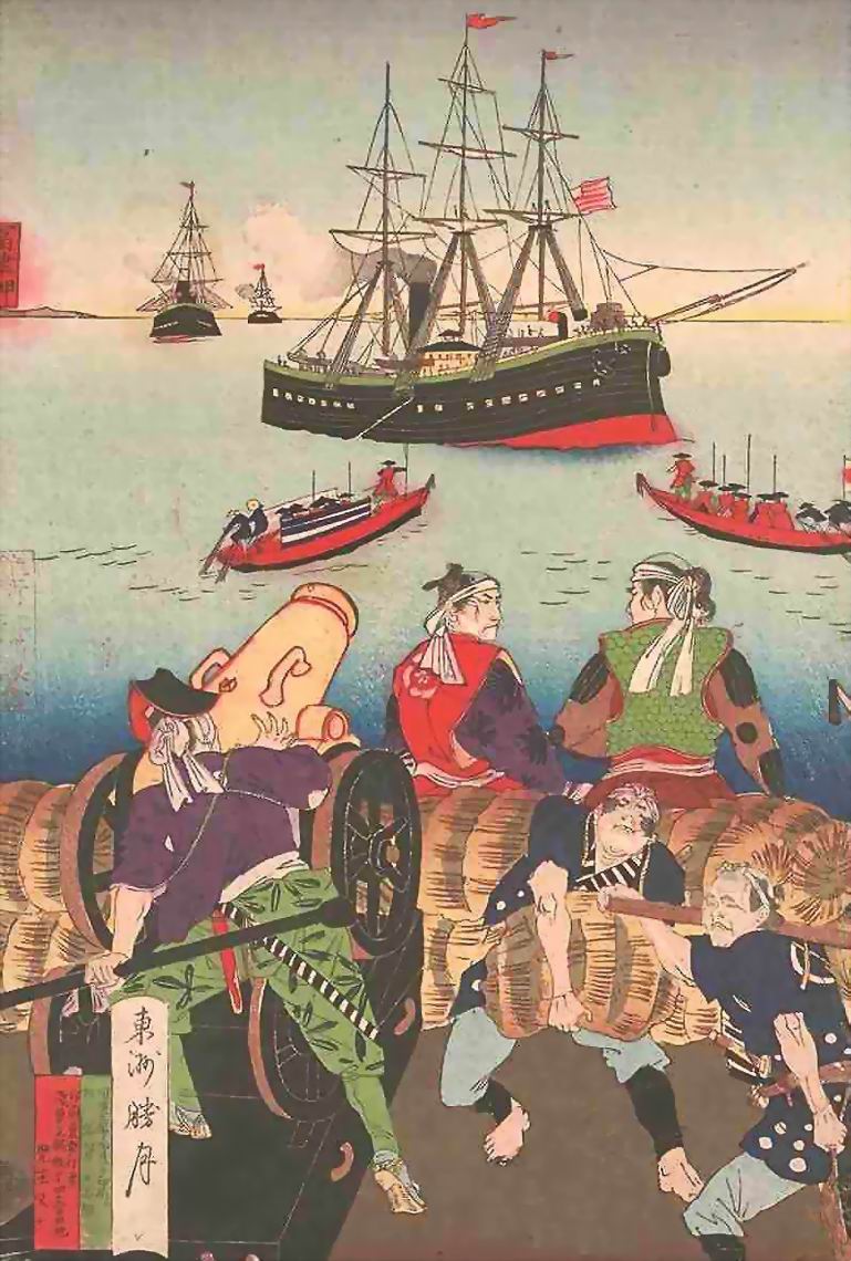 Barques, canons de bronze et armures laques de troupes du Shogun, face aux vaisseaux cuirasss arborant le pavillon amricain.
