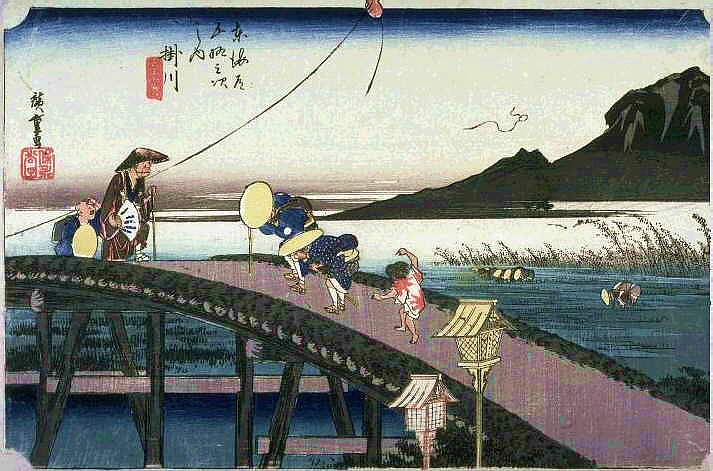 Hiroshige, Tokaido. Voyageurs croiszant un moine. 